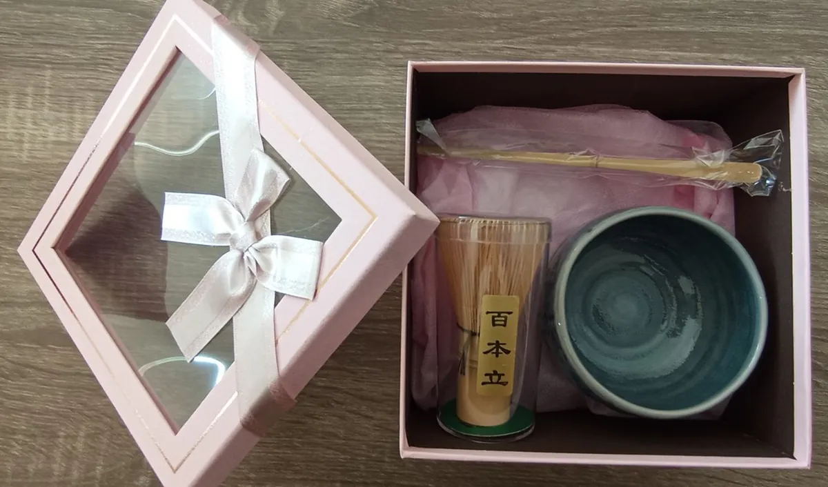 Matcha Bowl, Whisk & Scoop Set — ribboned gift box with a 100-prong bamboo whisk and a matcha bowl