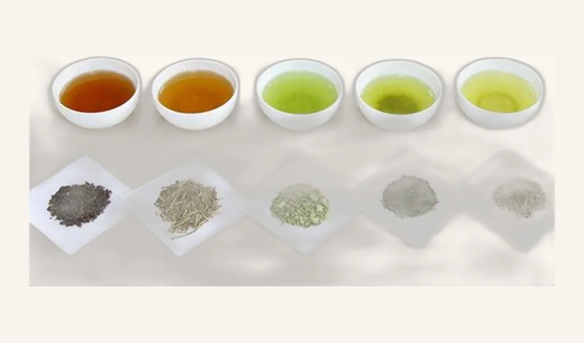 Japanese tea set — five leaf teas showing different colours