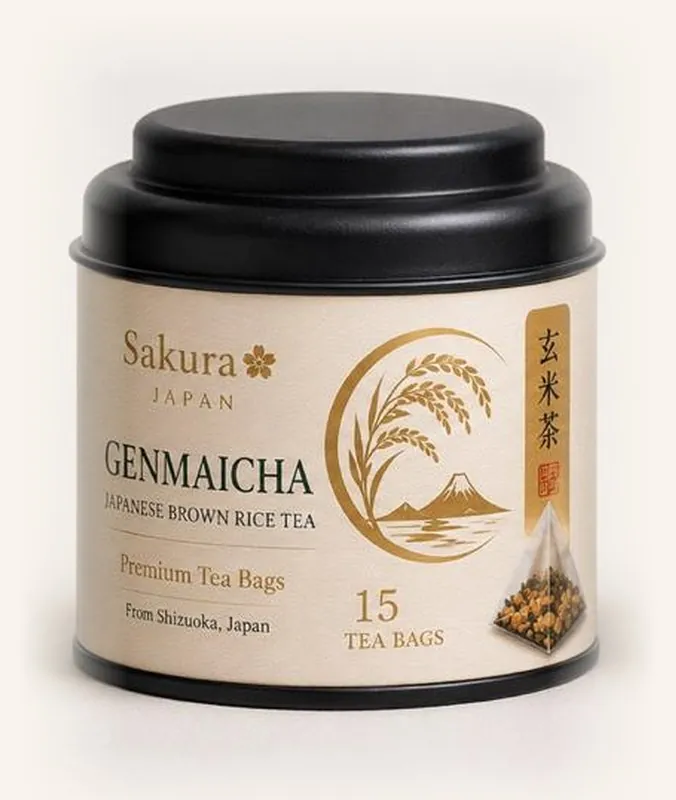 Sakura Genmaicha tea tin and cup — 15 tea bags — product