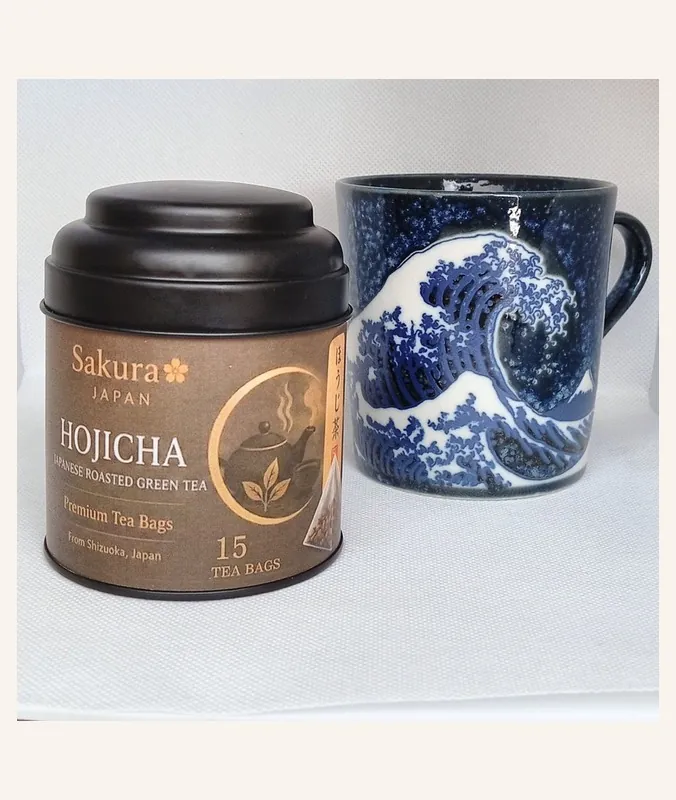 Sakura Hojicha tea tin and cup — 15 tea bags — how we serve it