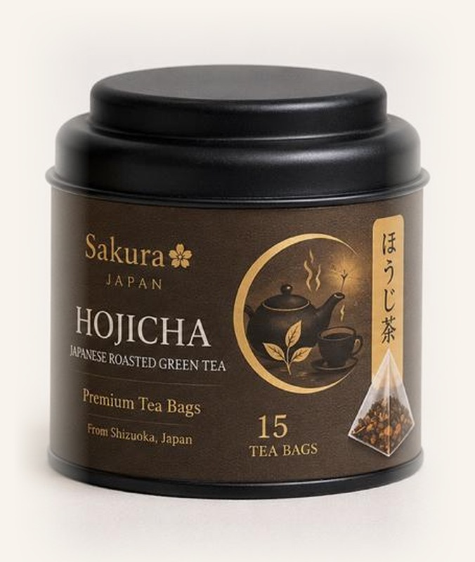 Sakura Hojicha tea tin and cup — 15 tea bags — product