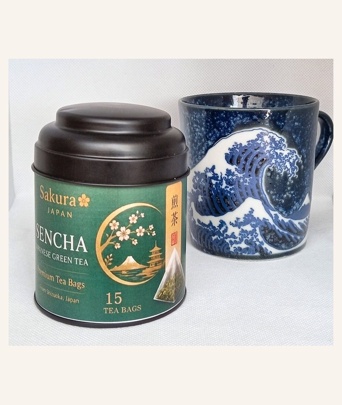 Sakura Sencha tea tin and cup — 15 tea bags — how we serve it