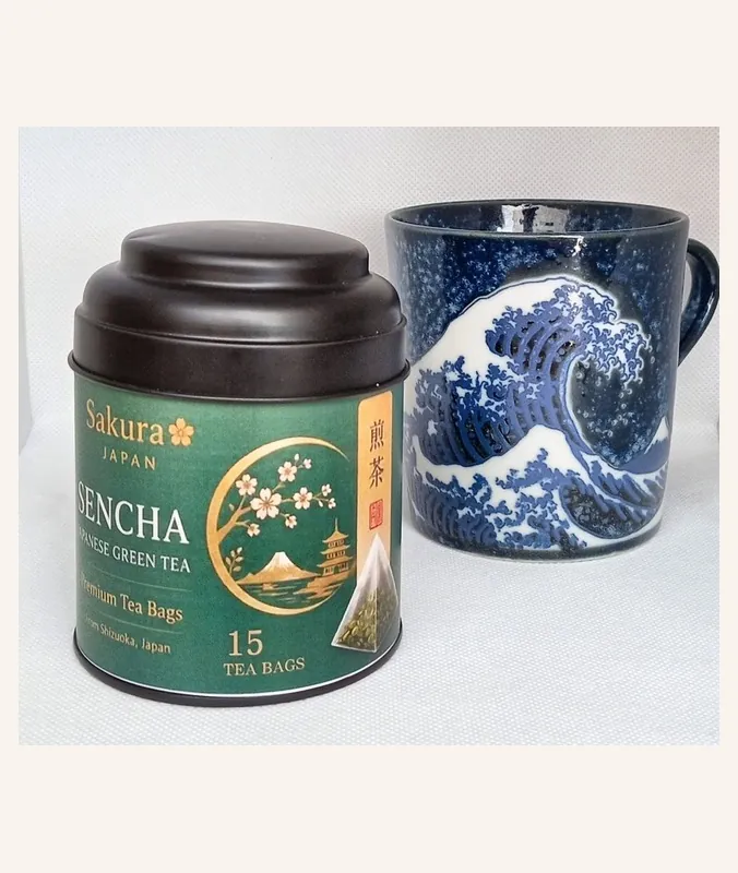 Sakura Sencha tea tin and cup — 15 tea bags — how we serve it