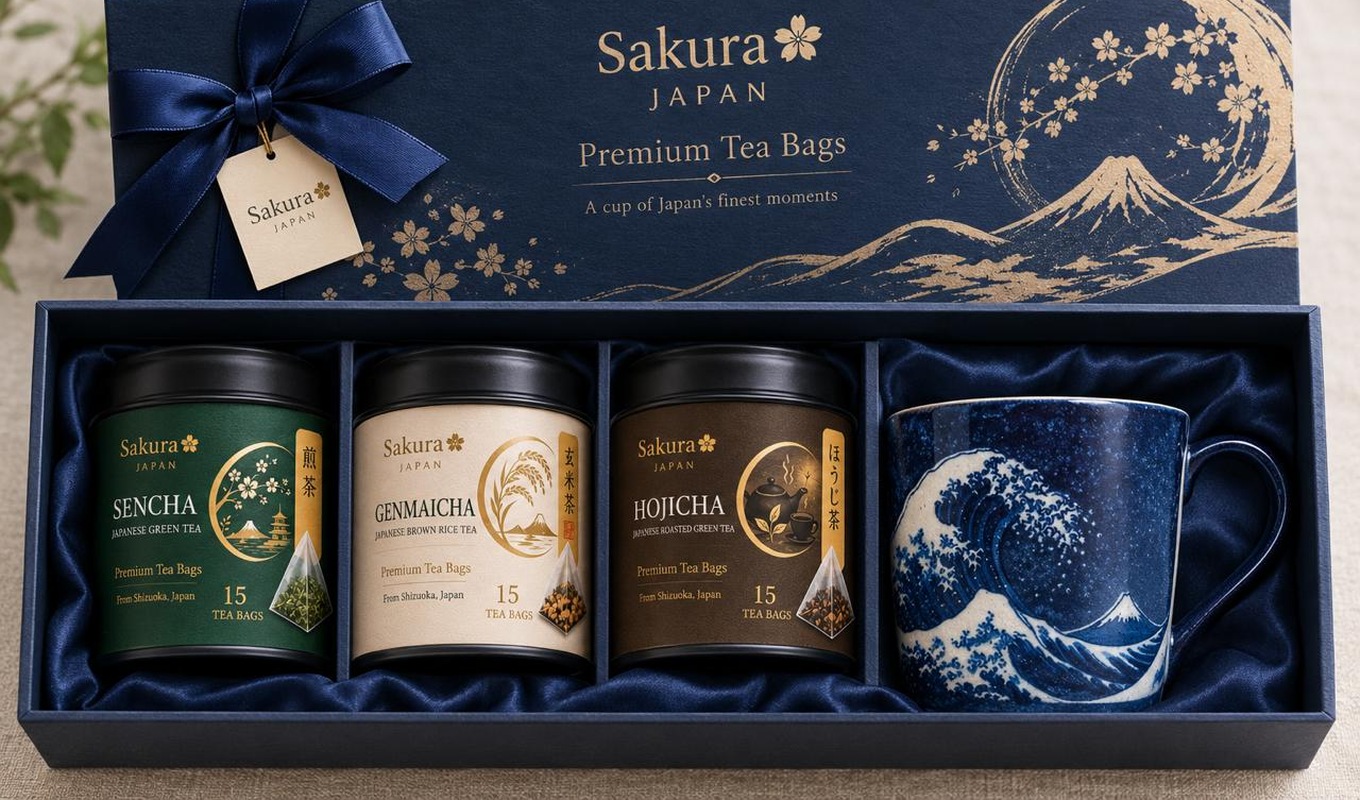 Three-Tin Gift Set in the Sakura presentation box — Sencha, Genmaicha and Hojicha